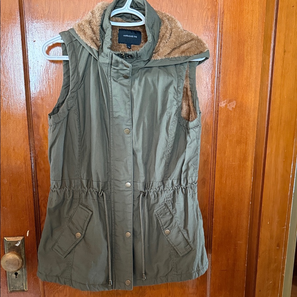 Warehouse Olive Green Faux Fur Hooded Utility Vest